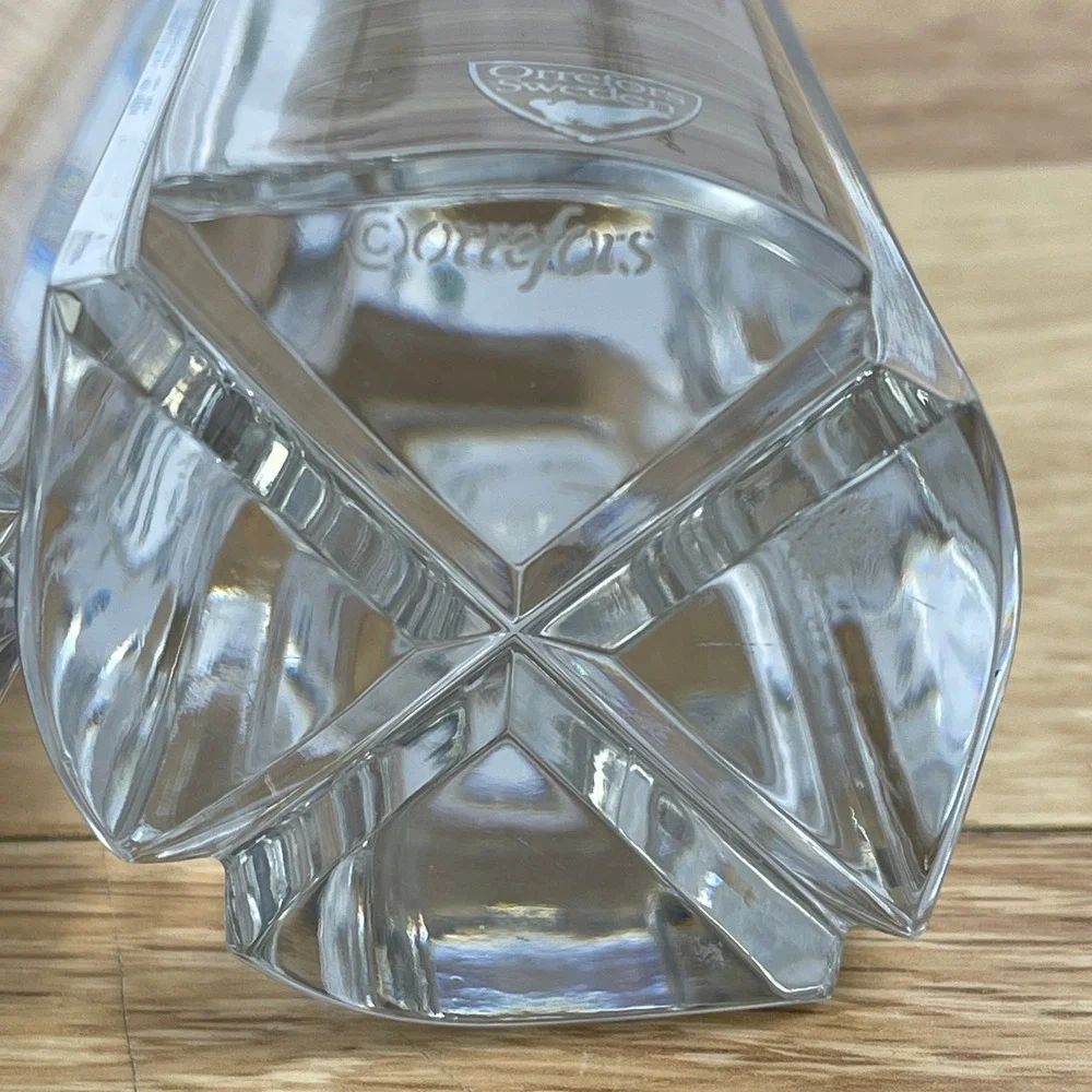 Orrefors Sweden Crystal Bud Vases Pair Hexagonal Tapered Clear Glass 7.5 Inch